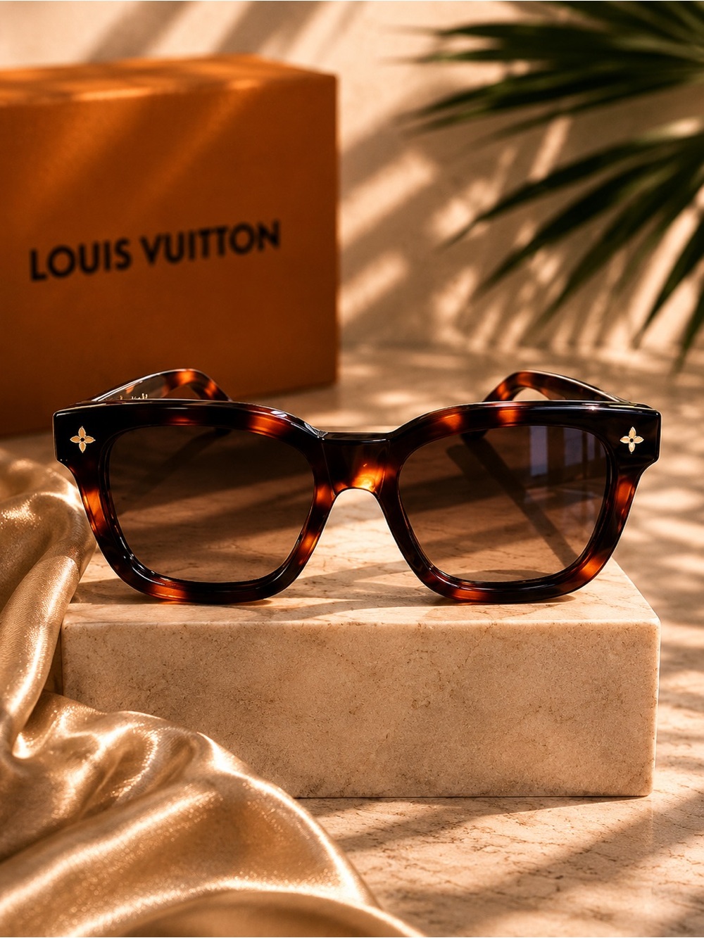 Louis Vuitton Square Sunglasses Dark Tortoise Brown Gold Logo Italy